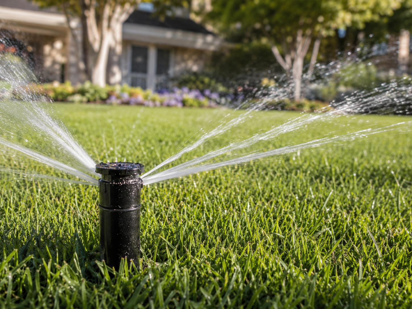 Sprinkler system in operation on a Treasure Coast lawn